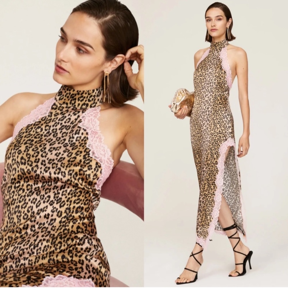 Leopard Print Halter Midi Dress with Pink Lace Trim